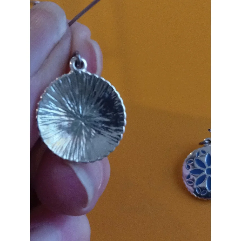 Blue Enamel Flower Silver Tone Round Drop Dangle Earrings Scalloped Floral Boho